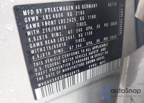 2013 Volkswagen Tiguan S from USA, damaged, VIN WVGAV3AX3DW592415